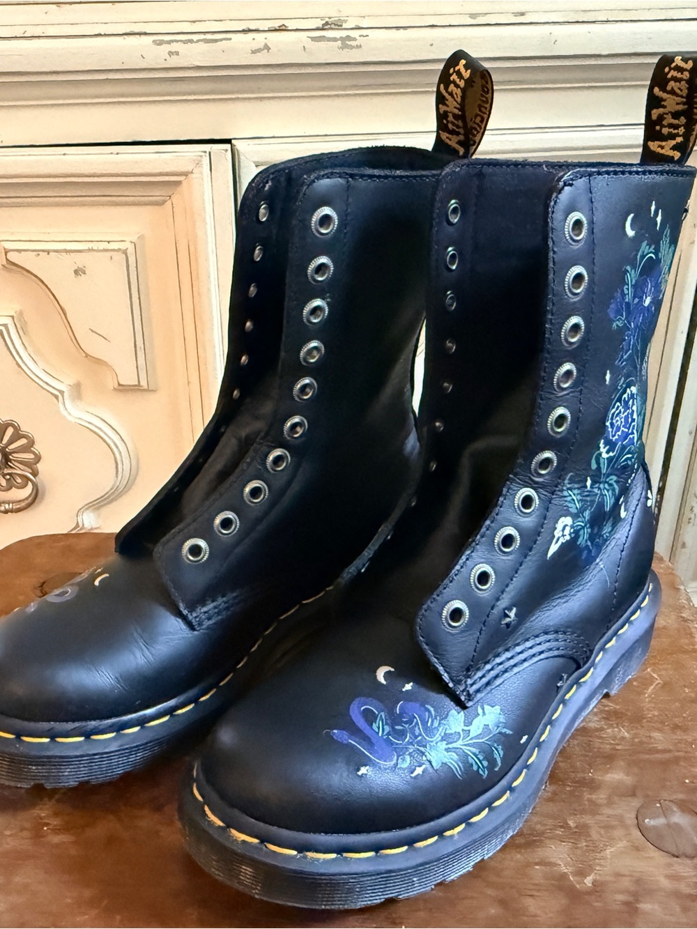 Dr. Martens Black Leather Lace-Up Boots with Blue Floral Artwork